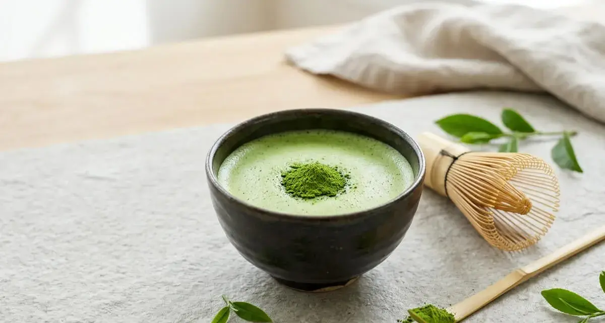 Zielona, spieniona matcha w miseczce, obok bambusowa miotełka i łyżeczka. Idealna na chwilę relaksu. Gdzie kupić taką matchę?