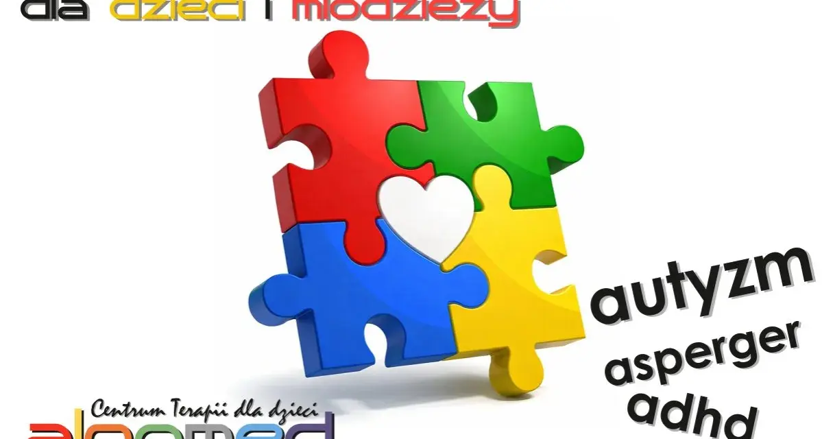Kolorowe puzzle tworzą serce, symbolizując nadzieję i wsparcie. Centrum terapii dla dzieci i młodzieży oferuje pomoc w zakresie autyzmu, aspergera, adhd i add.