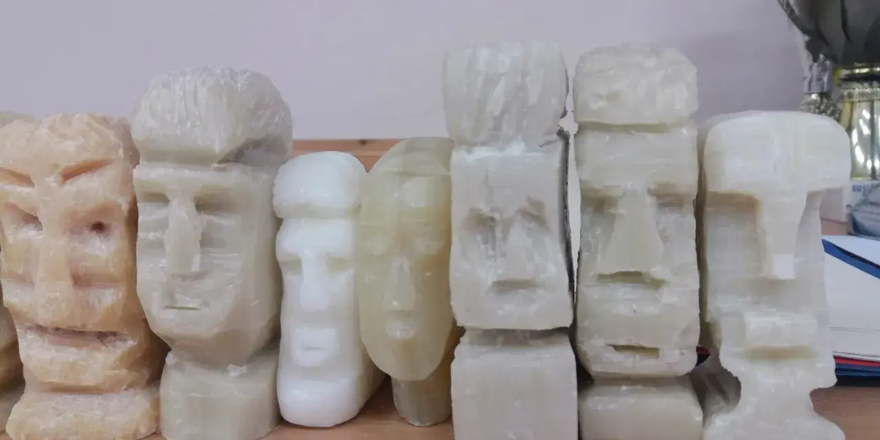 Rząd rzeźbionych w mydle figurek w kształcie głów Moai.