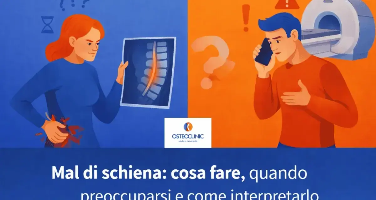 Donna con mal di schiena guarda una radiografia. Uomo al telefono con risonanza magnetica sullo sfondo.