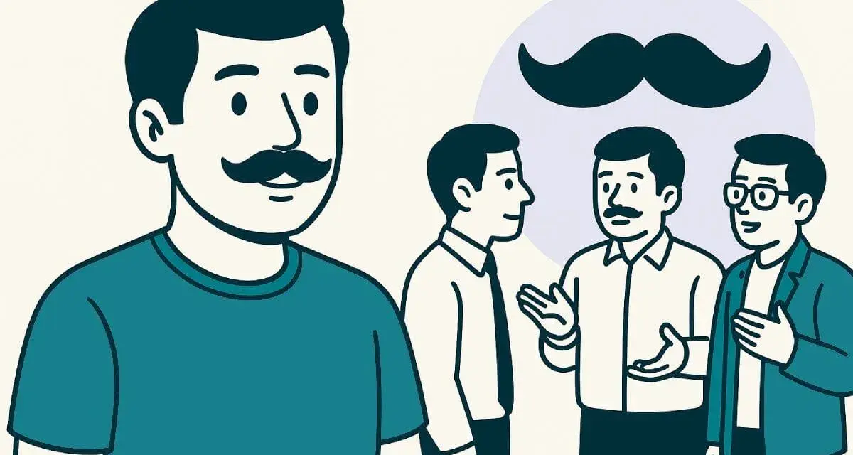 Hombres con bigote conversan. Uno al frente, tres al fondo con un gran bigote flotando. Celebrando el Movember que es.