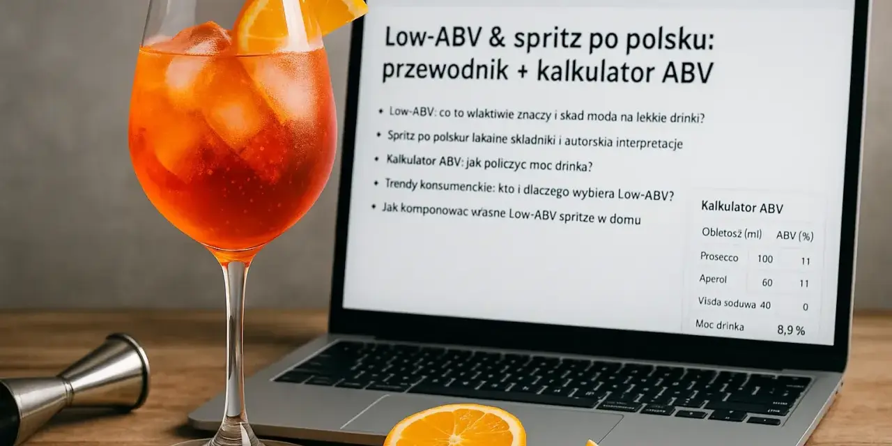 Kalkulator ABV na ekranie laptopa pokazuje, jak obliczyć ile procent ma drink. Obok Aperol Spritz i pomarańcze.