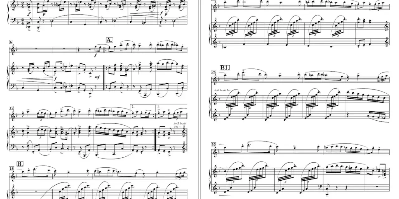 Fragment nut fortepianowych z oznaczeniem "IV. Krakowiak" i "Intro".