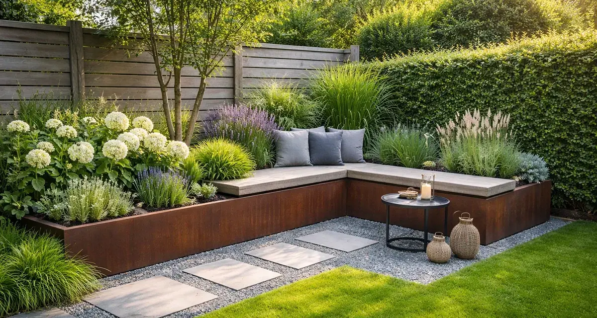 Eine tote Ecke im Garten gestalten: Eine L-förmige Holzbank mit Kissen, umgeben von Gräsern, Hortensien und Lavendel, schafft eine gemütliche Sitzecke.