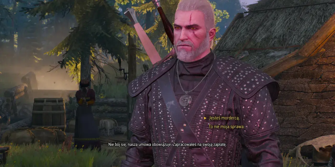 Geralt z Rivii w zbroi, w sercu lasu w Wiedźmin 3, rozmawia z kobietą.