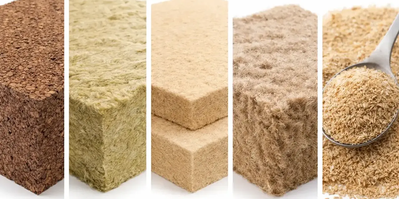 Blocchi di sughero, lana di roccia, fibra di legno e canapa: esempi di materiali isolanti naturali per un futuro sostenibile.