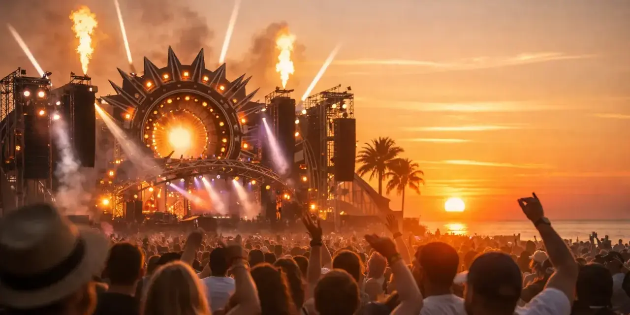 Tłum ludzi na plaży, płomienie buchające ze sceny, zachód słońca i muzyka na Sunrise Festival 2026.
