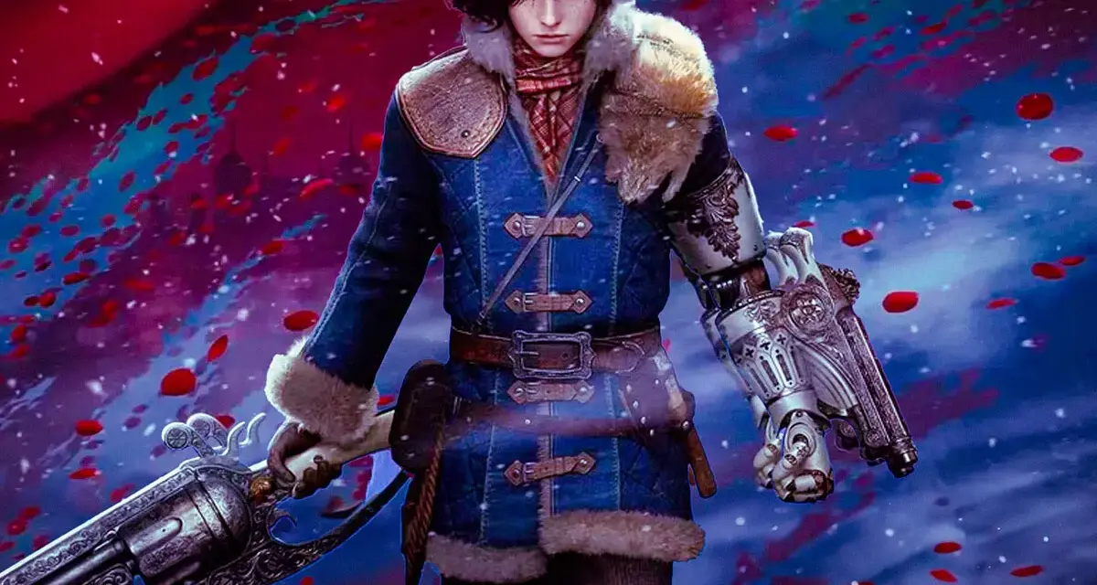 Joven con brazo mecánico y arma antigua, rodeado de pétalos rojos. ¿Será esta la aventura que trae el dlc Lies of P?