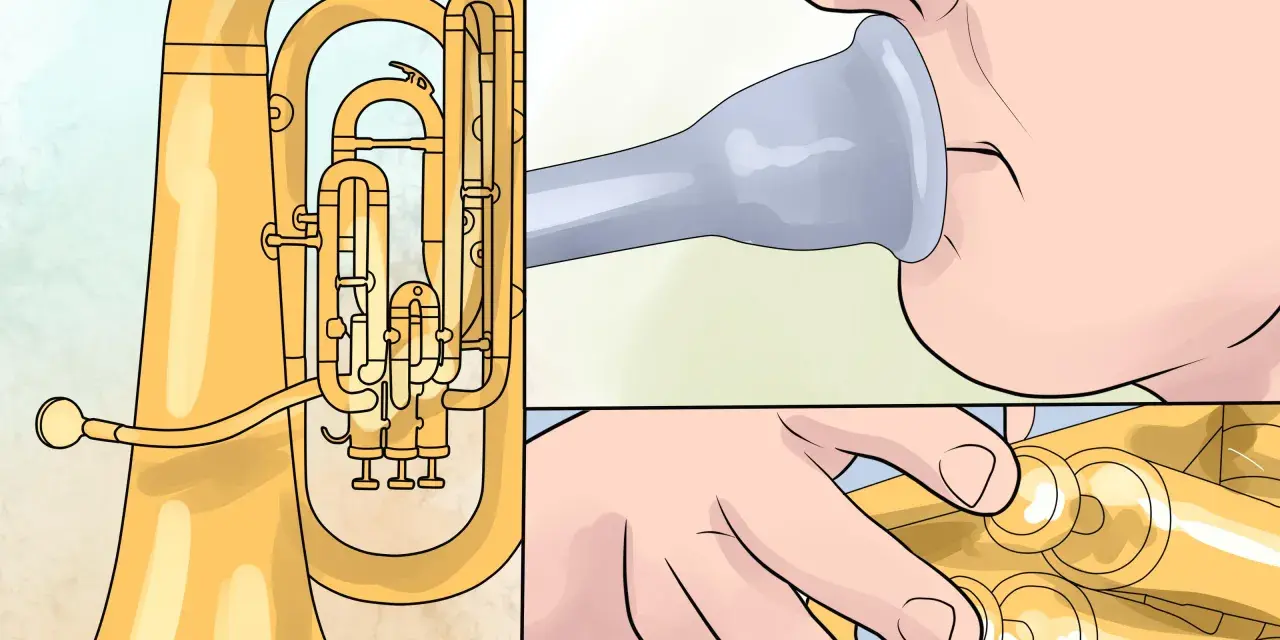 Tuba-Steckbrief für Kinder: So lernt man das Instrument kennen. Ein Kind bläst ins Mundstück, die Finger liegen auf den Ventilen.