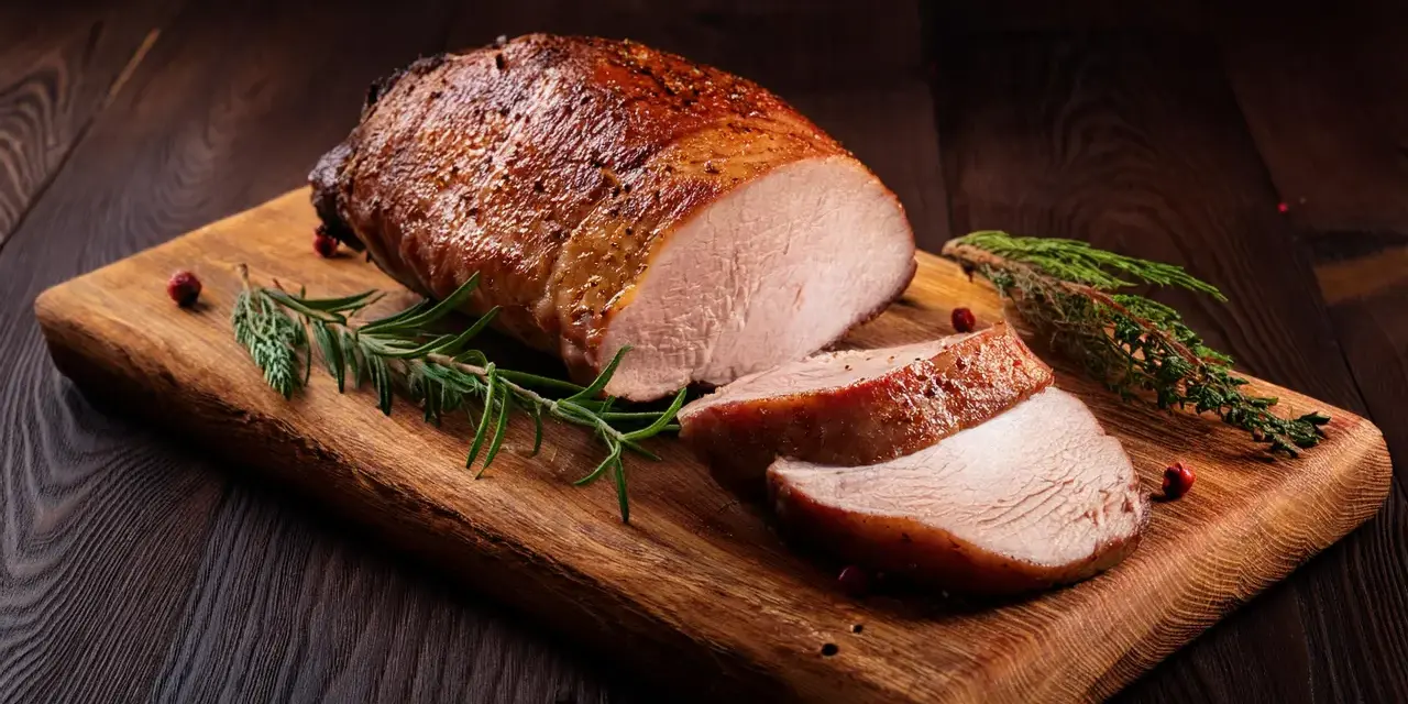 Saftiges Schweinefilet, perfekt gebraten, liegt auf einem Holzbrett mit Rosmarin und Beeren. Inspiration für Ihre nächsten Schweinefilet Rezepte.