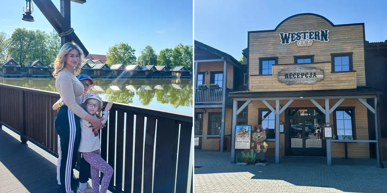 Rodzina na tle Western Camp z domkami nad wodą i recepcją.