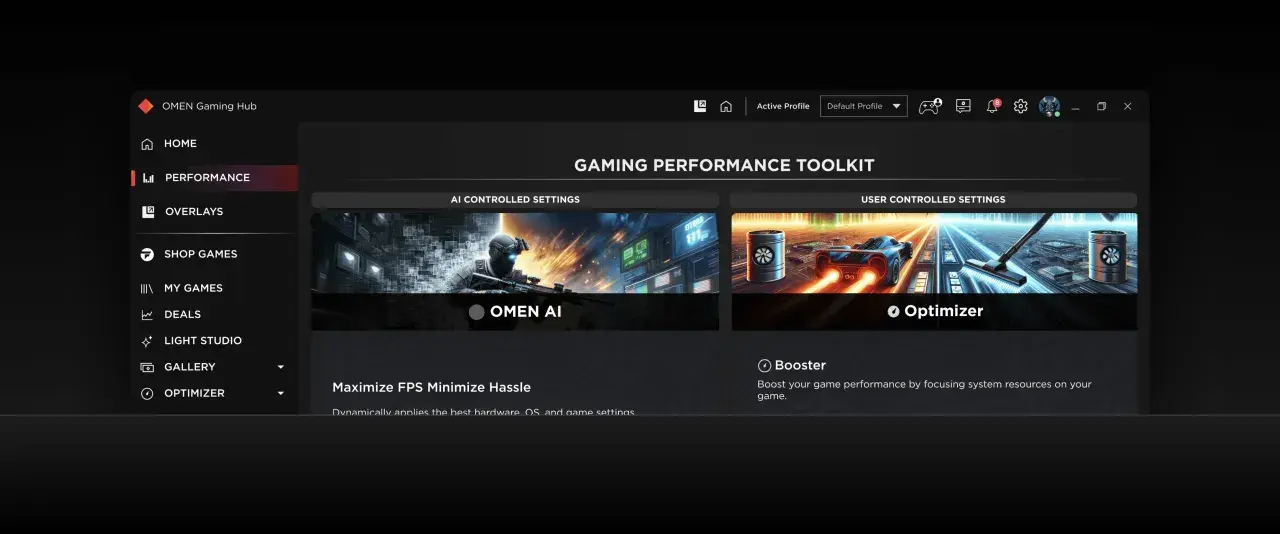 OMEN Gaming Hub: narzędzie do optymalizacji wydajności gier. Wybierz OMEN AI lub Optimizer, by zwiększyć FPS.