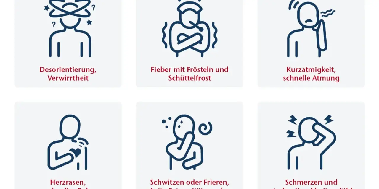 Sechs Icons zeigen häufige Sepsis Symptome: Verwirrtheit, Fieber, Kurzatmigkeit, Herzrasen, Schweißausbrüche/Frieren und Schmerzen.