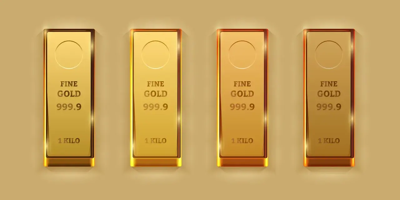 Quattro lingotti d'oro puro 999.9, ognuno da 1 chilo, brillano con la loro intrinseca densità oro.