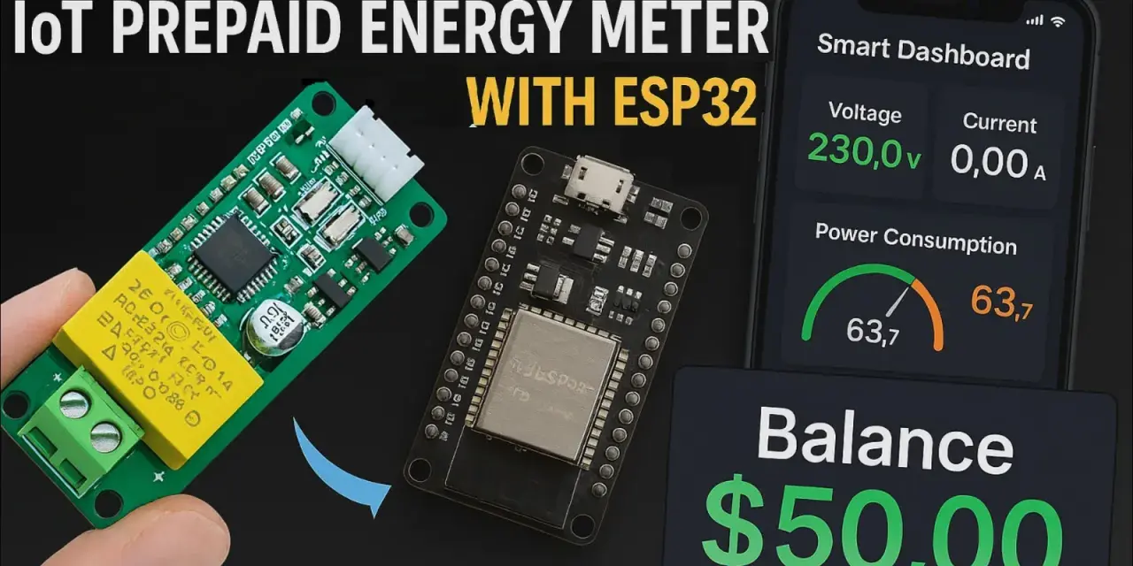 An ESP32 project for an IoT prepaid energy meter, showing the components and a smartphone dashboard displaying voltage, current, power consumption, and balance.