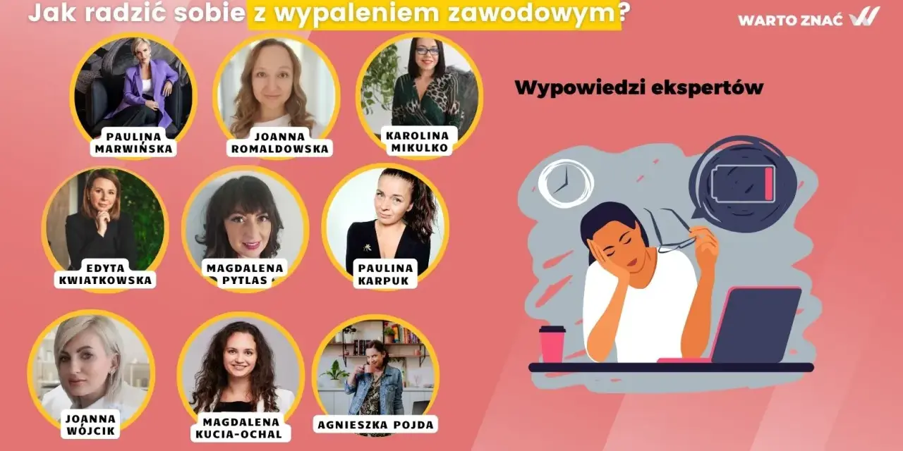 Ekspertki omawiają, jak radzić sobie z wypaleniem zawodowym. Ilustracja przedstawia zmęczoną osobę przy laptopie z ikoną rozładowanej baterii.