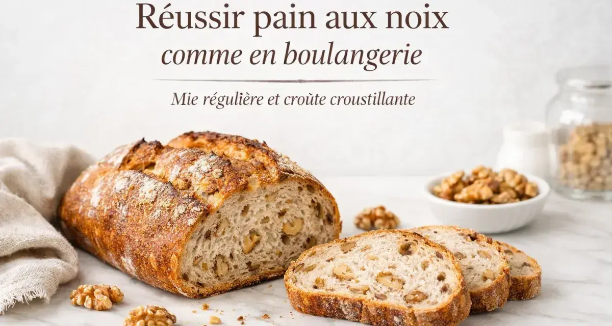 Un pain aux noix artisanal, tranché, avec une mie aérée et une croûte dorée. Des noix parsèment la mie et quelques-unes sont disposées autour.