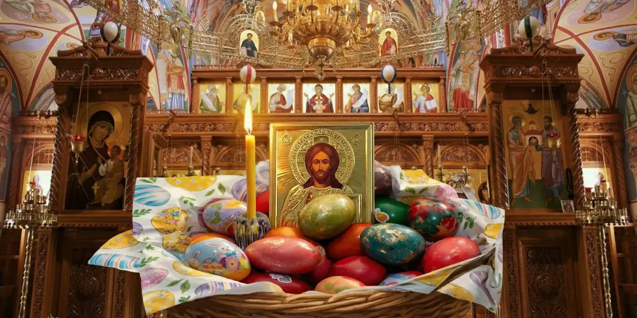 A basket of colorful Easter eggs sits before an icon of Jesus in a richly decorated church, hinting at when Easter is celebrated in Europe.