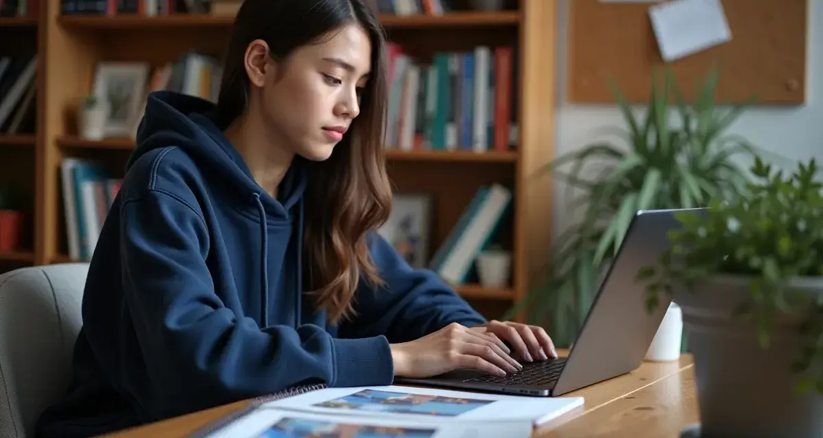 Jeune femme concentrée sur son ordinateur portable, entourée de livres. Elle prépare peut-être son ensaama classement.