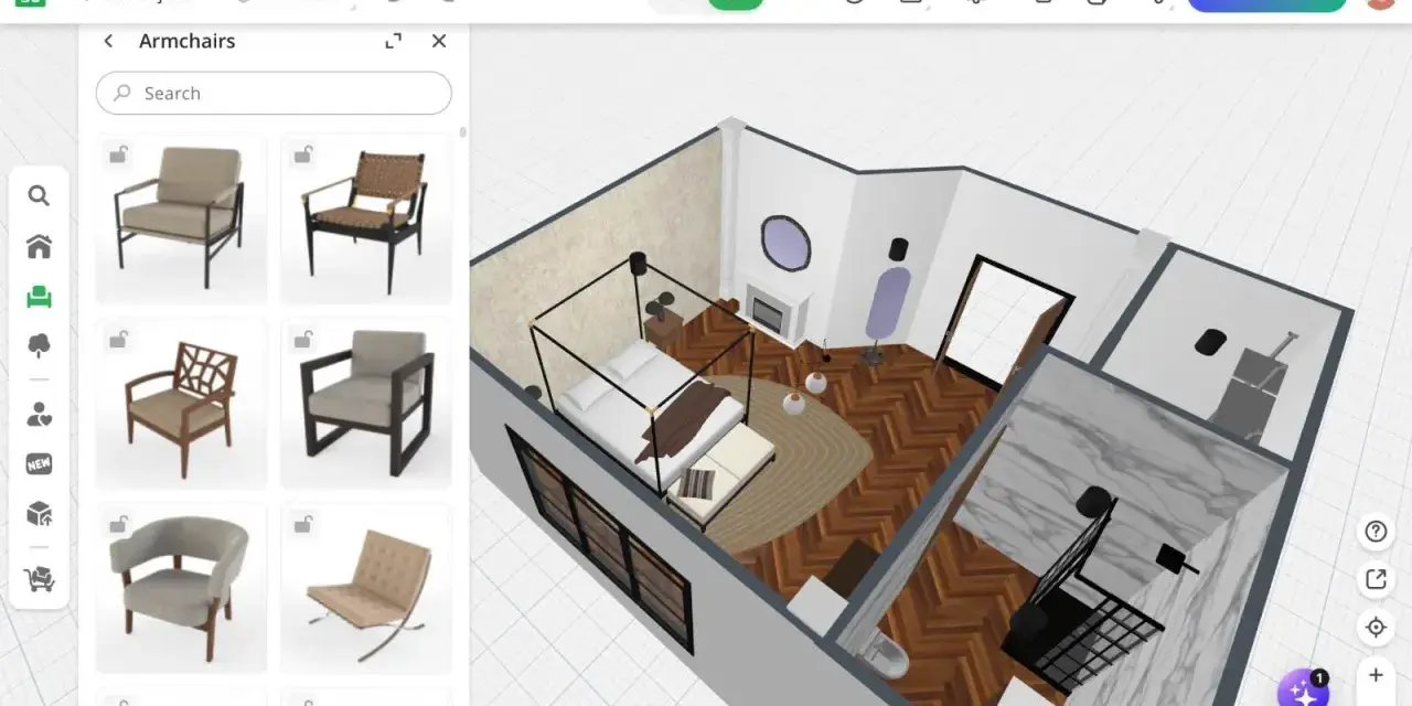 Interfaz de diseño de interiores gratis. Muestra un dormitorio 3D y una selección de sillones.