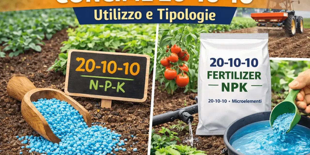 Concime NPK 20-10-10, ricco di azoto, per nutrire le piante. Granuli blu in un campo, con sacco e trattore.