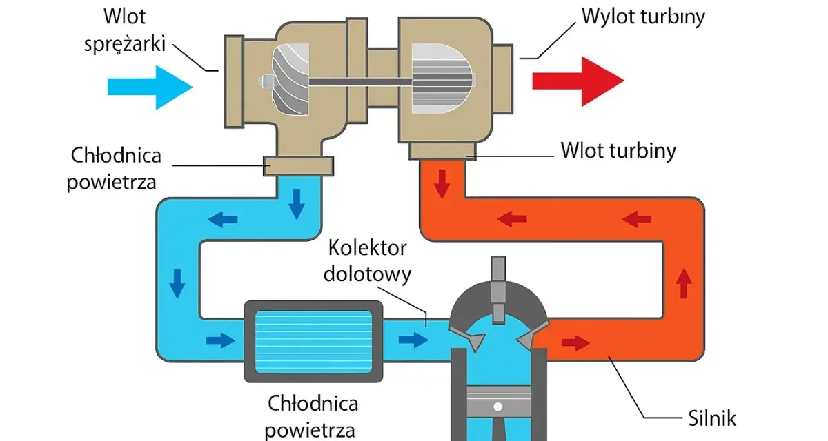 Schemat turbodoładowania: sprężarka, turbina, kolektor dolotowy i chłodnica powietrza doładowującego. To właśnie intercooler co to jest, chłodzi powietrze przed wlotem do silnika.