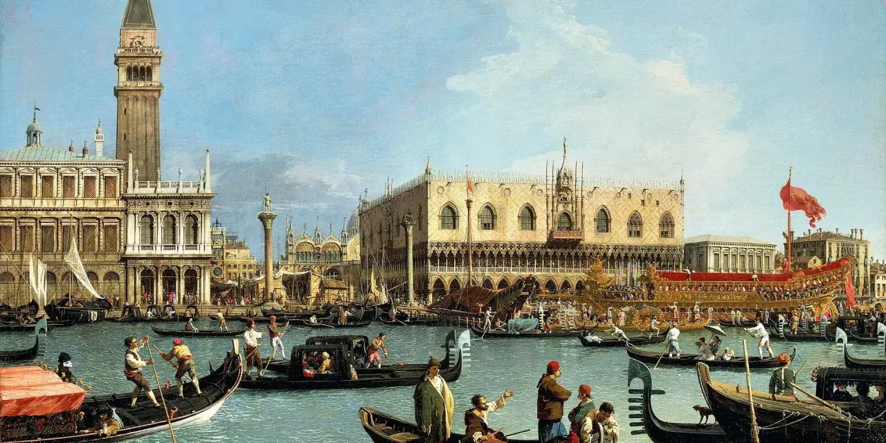 Un vivace canaletto a Venezia, con gondole e imbarcazioni che navigano davanti al Palazzo Ducale e alla Torre dell'Orologio.