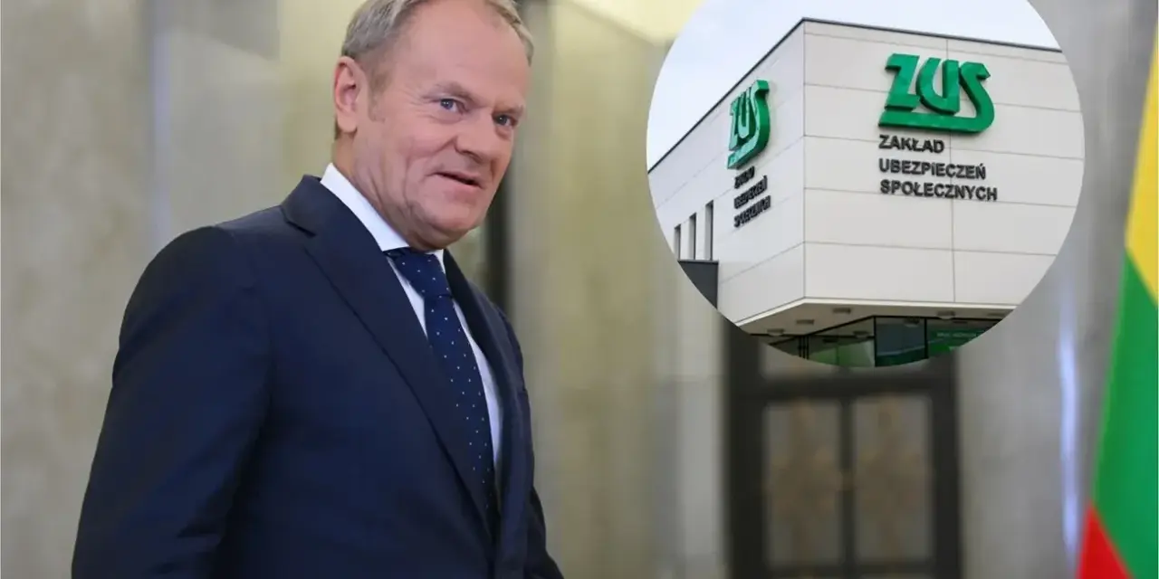 Donald Tusk i budynek ZUS. Dyskusja o emeryturach stażowych trwa.