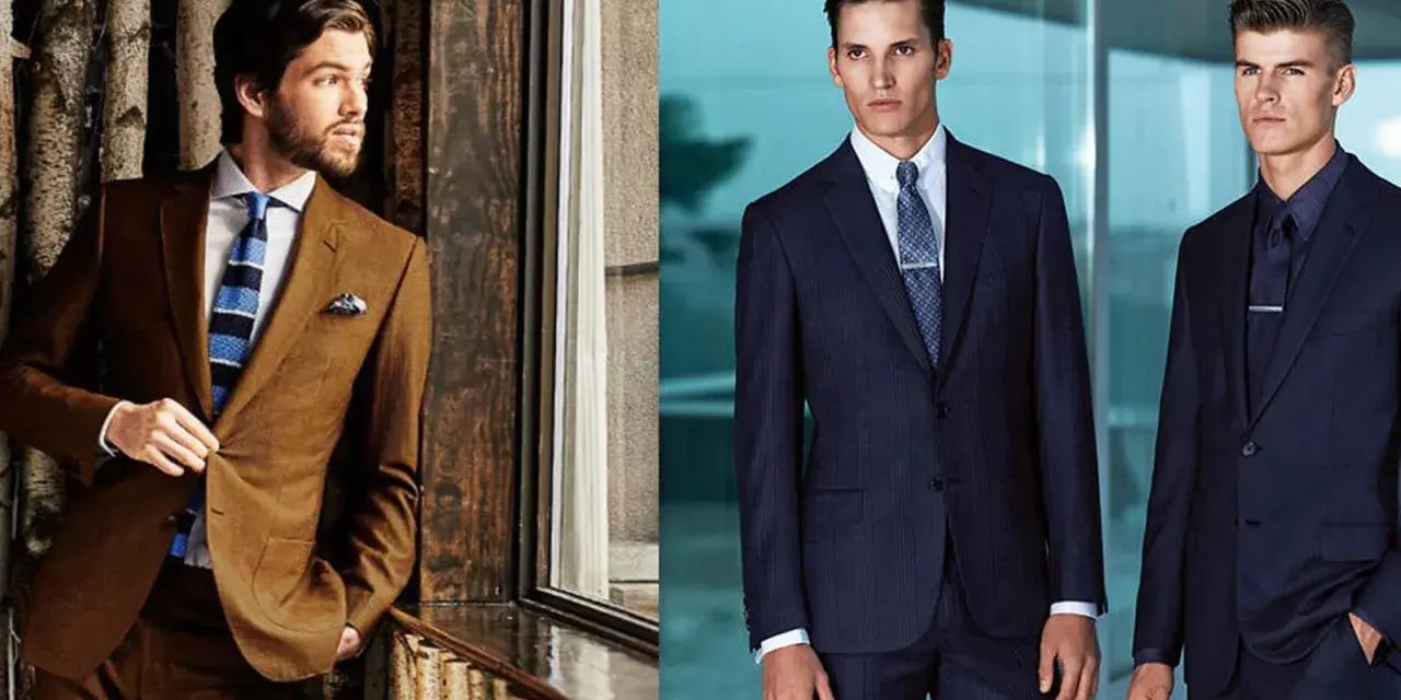 Hombres con trajes elegantes. Uno viste un traje marrón y corbata a rayas, el otro dos trajes azul marino. Un ejemplo de vestir formal.