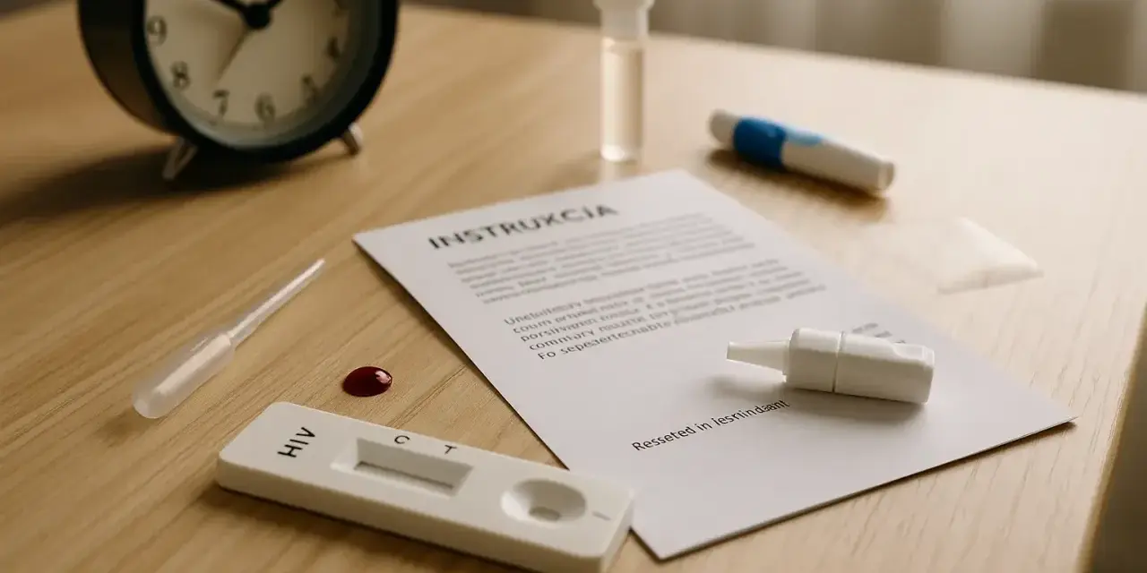 Zestaw do testu HIV, kropla krwi i instrukcja. Wczesne wykrycie objawów u mężczyzn jest kluczowe.