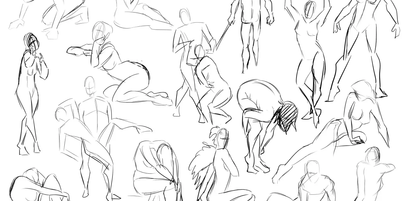 Croquis rapides de figures humaines dans diverses poses, un exercice de dessin dynamique capturant le mouvement et la forme.