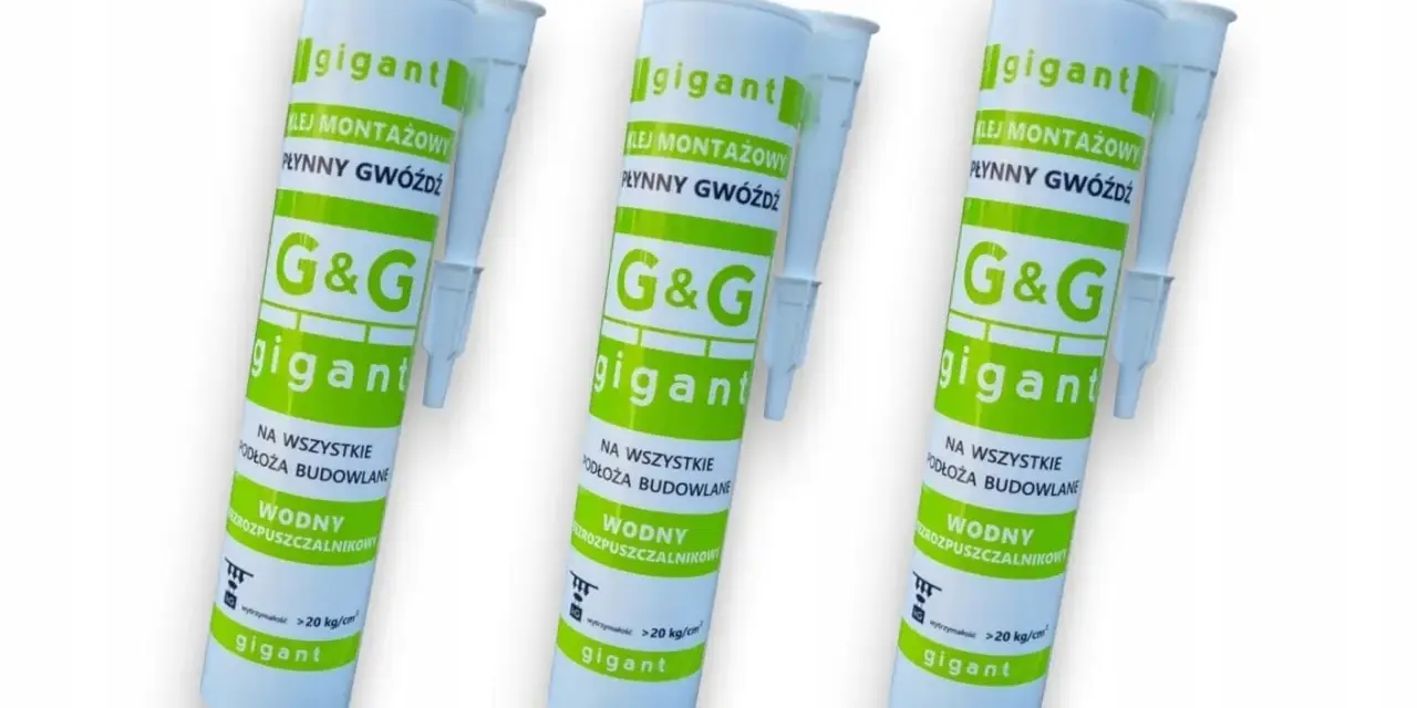 Trzy tubki kleju montażowego G&G Gigant, znanego jako płynny gwóźdź, gotowe do użycia na każdej powierzchni budowlanej.