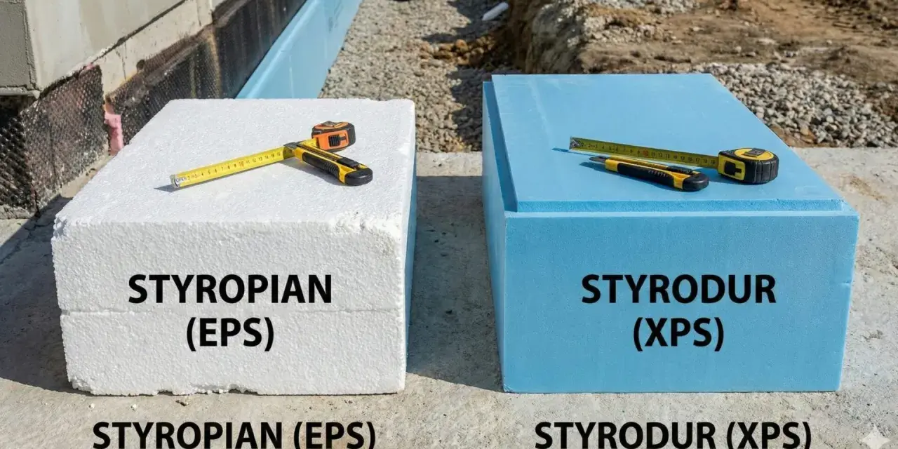 Biały styropian (EPS) i niebieski styrodur (XPS) obok siebie. Jaki styropian na fundamenty wybrać?