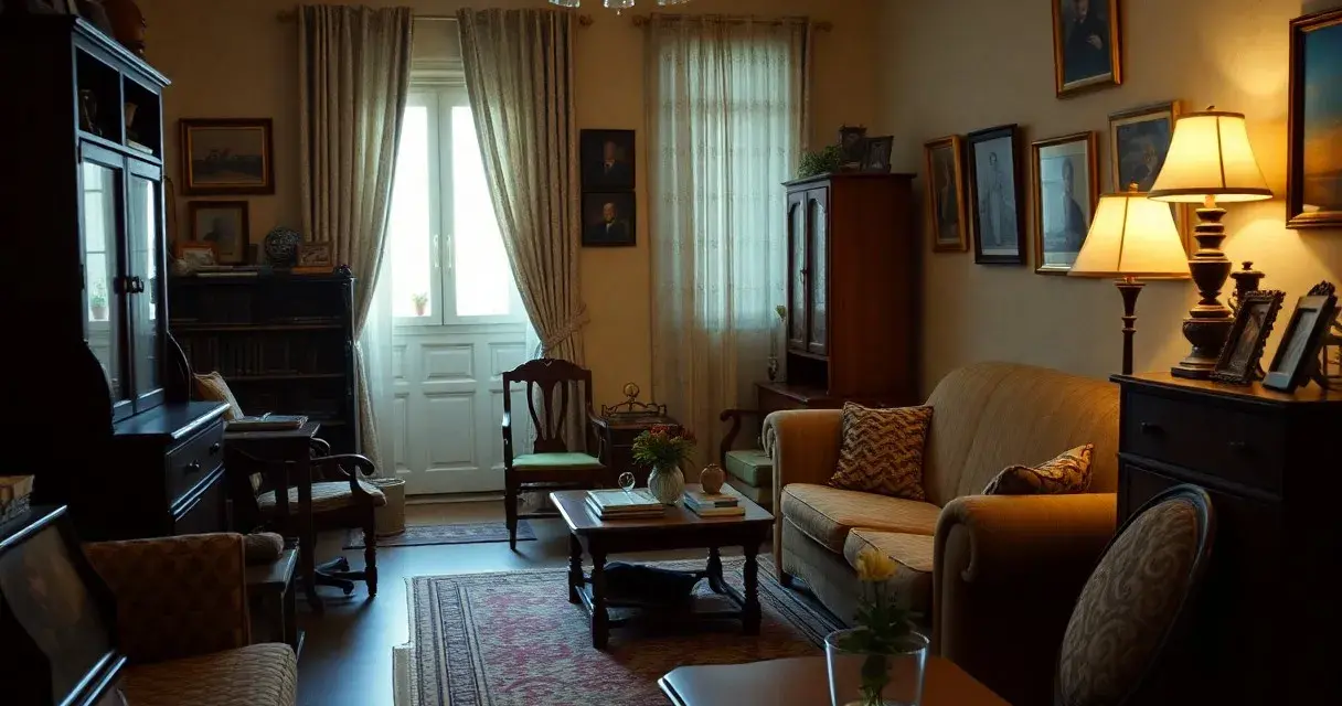 Stary salon, pamiątka po rodzicach. Wygodna kanapa, obrazy na ścianach i zabytkowe meble tworzą atmosferę spokoju.