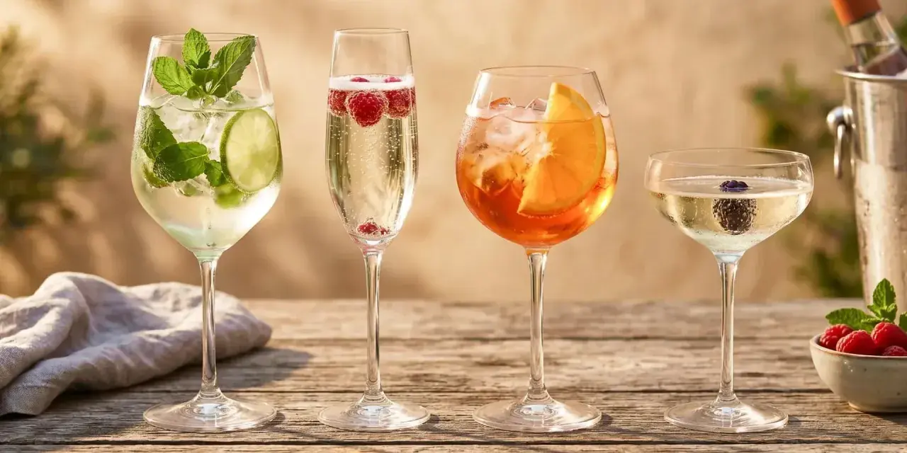 Orzeźwiający drink z Prosecco i malinami obok Aperol Spritz, a dalej drink z Cavą i jeżyną. Idealne na letnie popołudnie.