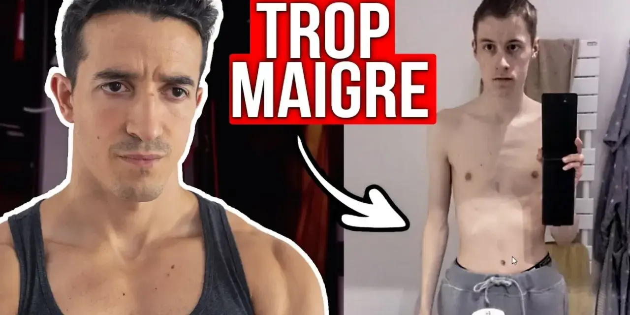 Un homme musclé regarde un jeune homme très maigre. Le texte "TROP MAIGRE" suggère un guide pour prendre de la masse musculaire quand on est maigre.