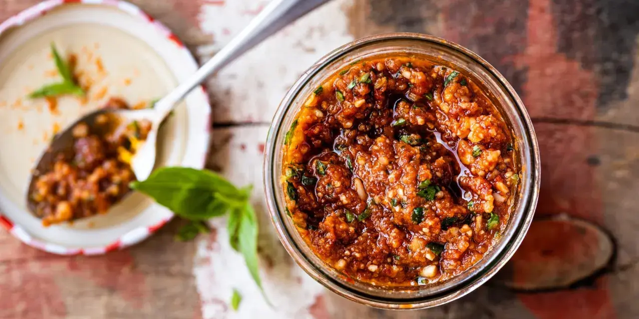 Un pot de pesto rosso maison, prêt à être dégusté. Une recette simple et savoureuse pour relever vos plats.