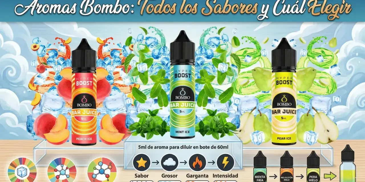 Aromas Bombo: melocotón, menta y pera helados. Elige tu sabor favorito para vapear.