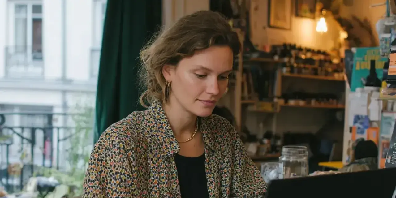 Kvinna med lockigt hår sitter vid en laptop och ska skriva mail. Hon bär en blommig skjorta och ett guldfärgat halsband.
