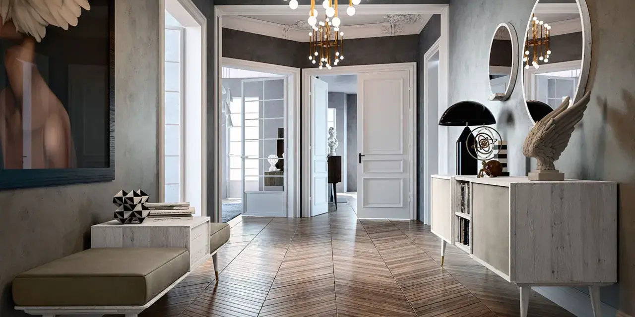 Ingresso di interni case moderne di lusso con parquet a spina di pesce, opere d'arte e arredi eleganti.
