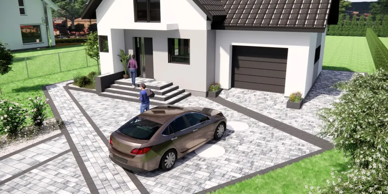 Nowoczesny projekt kostki brukowej wokół domu z podjazdem dla samochodu i schodami.