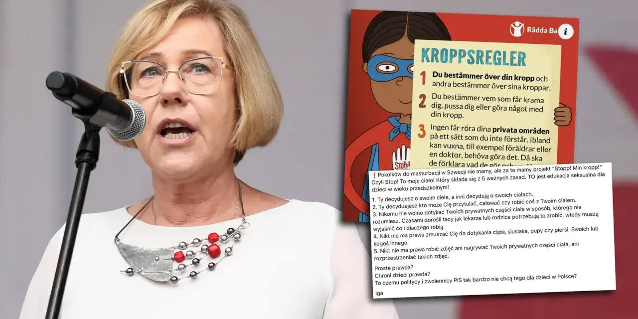 Kobieta z mikrofonem i plakat o zasadach dotyczących ciała. Parzel i siwers mam ten stan, bo to ważne dla dzieci.