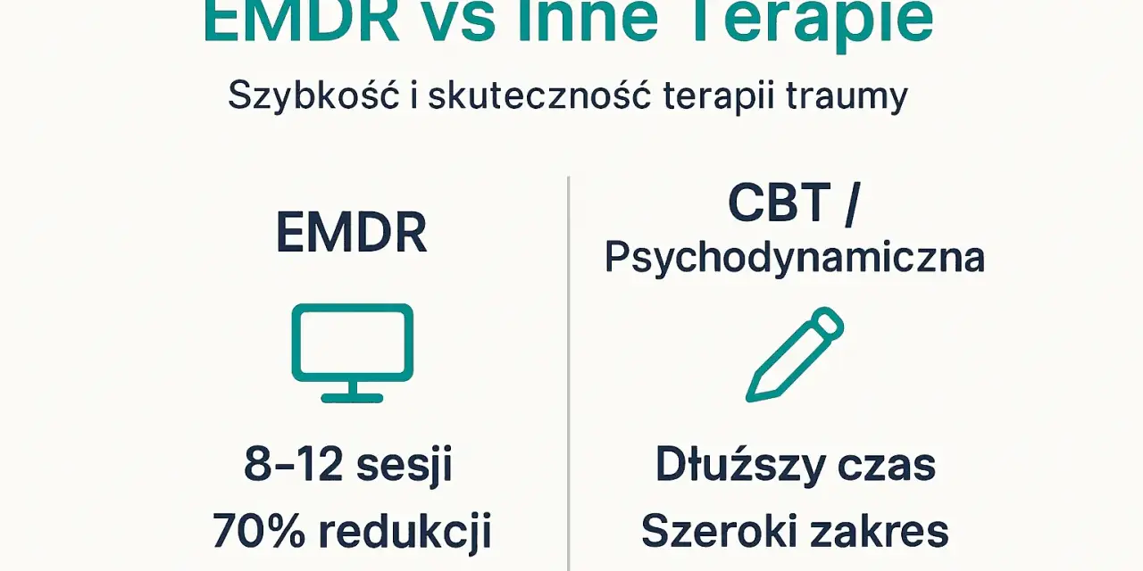 Porównanie EMDR z innymi terapiami: EMDR wymaga 8-12 sesji, oferując 70% redukcji objawów traumy.