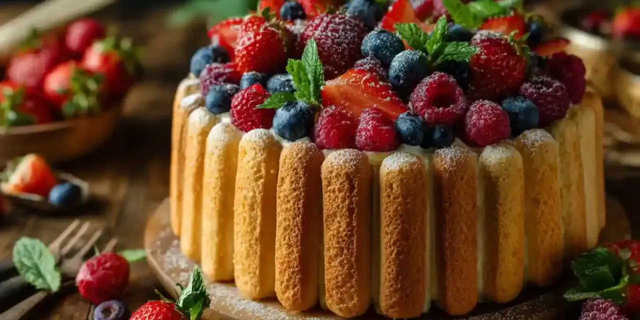 Charlotte aux fruits, un délice visuel et gustatif. Des biscuits à la cuillère entourent une crème onctueuse, le tout couronné de fraises, framboises et myrtilles fraîches.