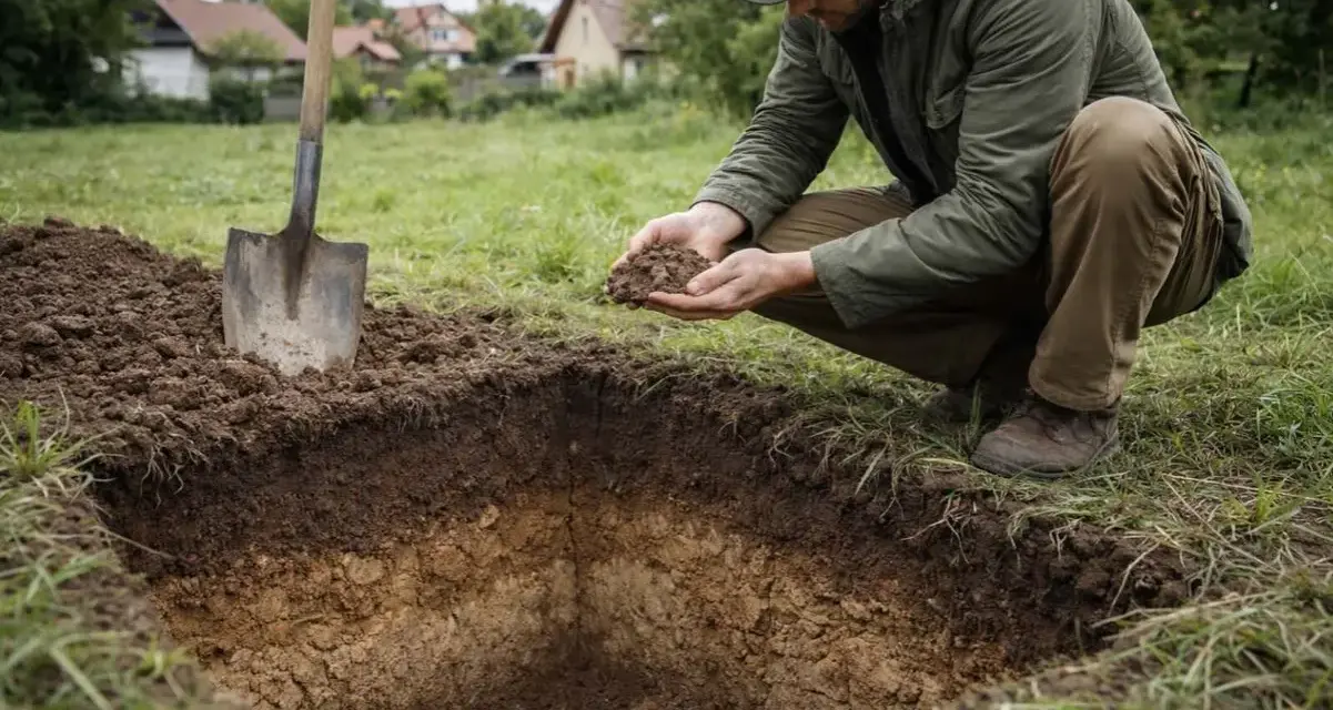 Mężczyzna bada gleby pochodzenia mineralnego, trzymając grudkę ziemi w dłoniach. Obok stoi łopata.