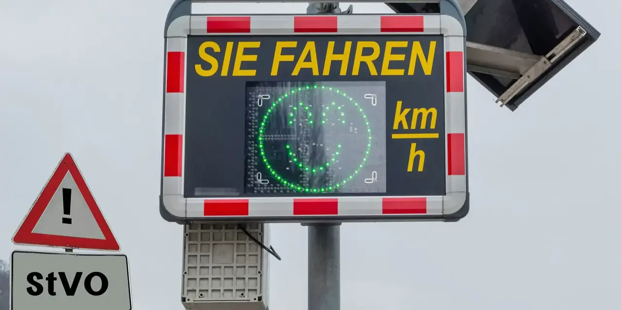 Digitale Anzeige zeigt "SIE FAHREN" und Ihre Geschwindigkeit. Achtung, Blitzergefahr! Vermeiden Sie eine Strafe.