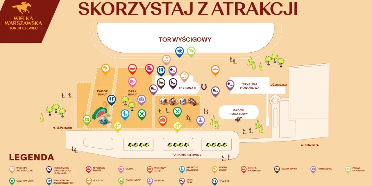 Mapa atrakcji na Wielkiej Warszawskiej Tor Służewiec: tor wyścigowy, park biały, padoki, trybuny, gastronomia, atrakcje dla dzieci i wiele więcej.