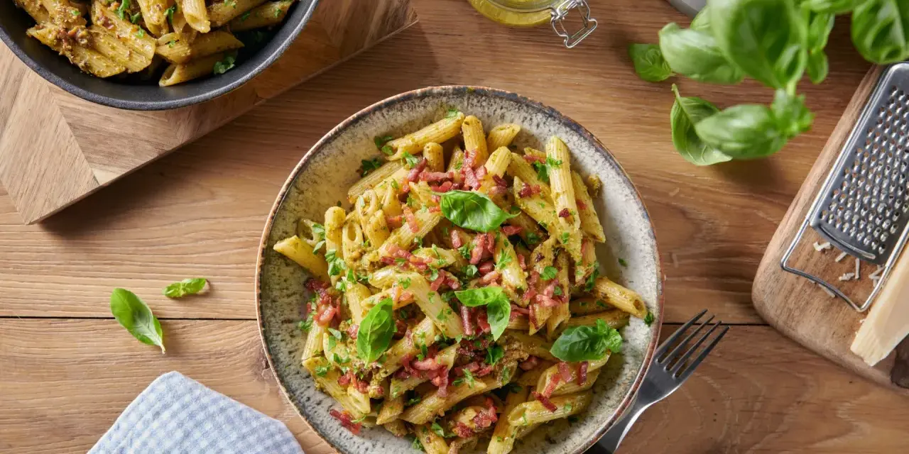 Makaron penne z pesto, boczkiem i bazylią na drewnianym stole.