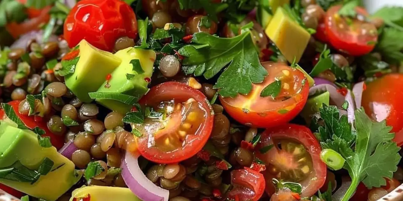 Fresca insalata di lenticchie estiva con pomodorini, avocado, cipolla rossa e prezzemolo.