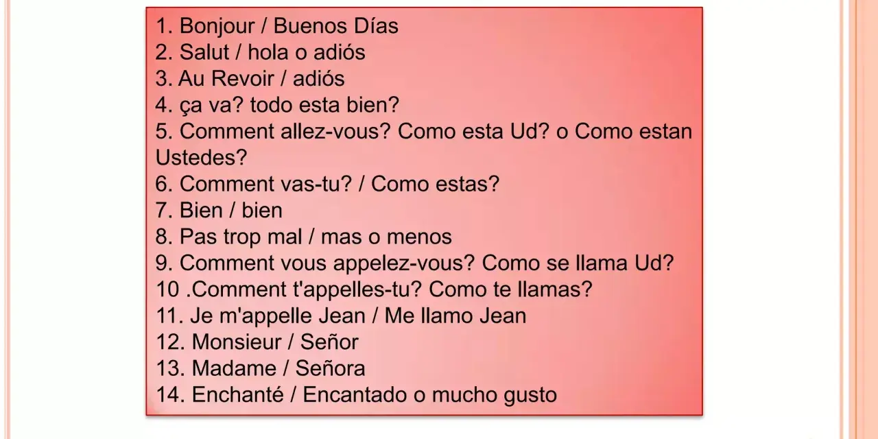 Lista de frases en francés y español. La número 2, "Salut", significa "hola o adiós" en español.